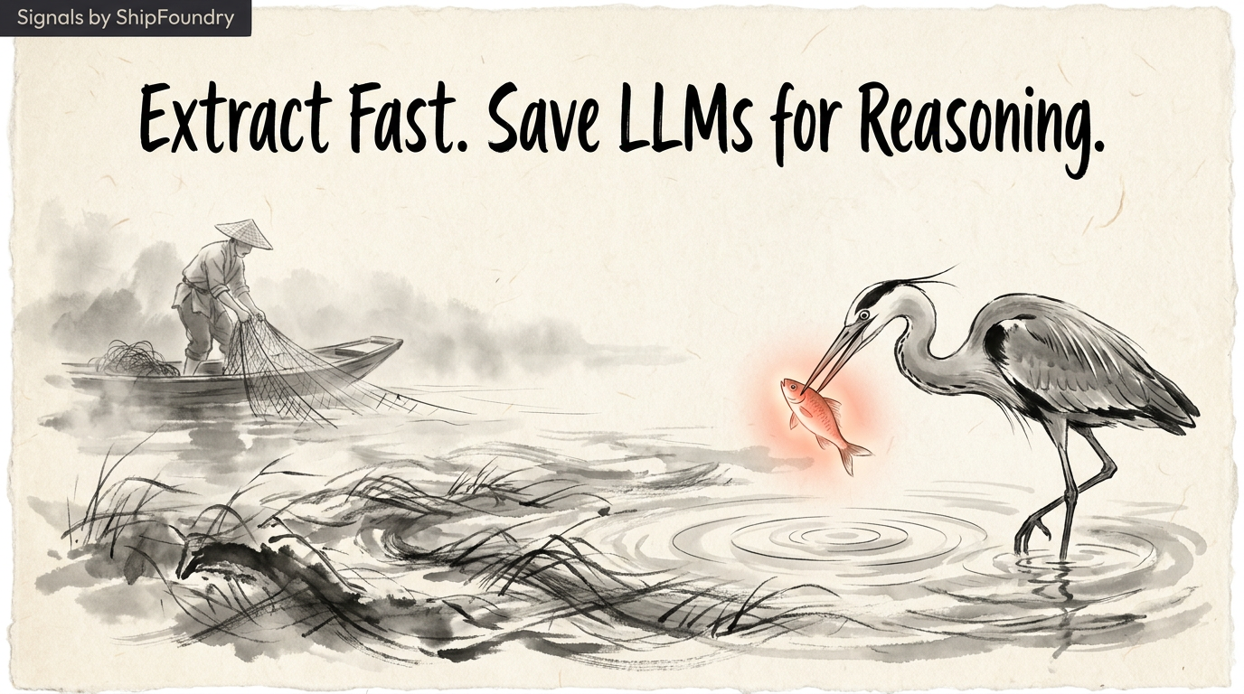 Ink-wash illustration of a heron lifting a single glowing red-orange fish from churning water in one precise strike, with a fisherman faintly hauling a heavy tangled net in the distance. Hand-lettered title reads "Extract Fast. Save LLMs for Reasoning."