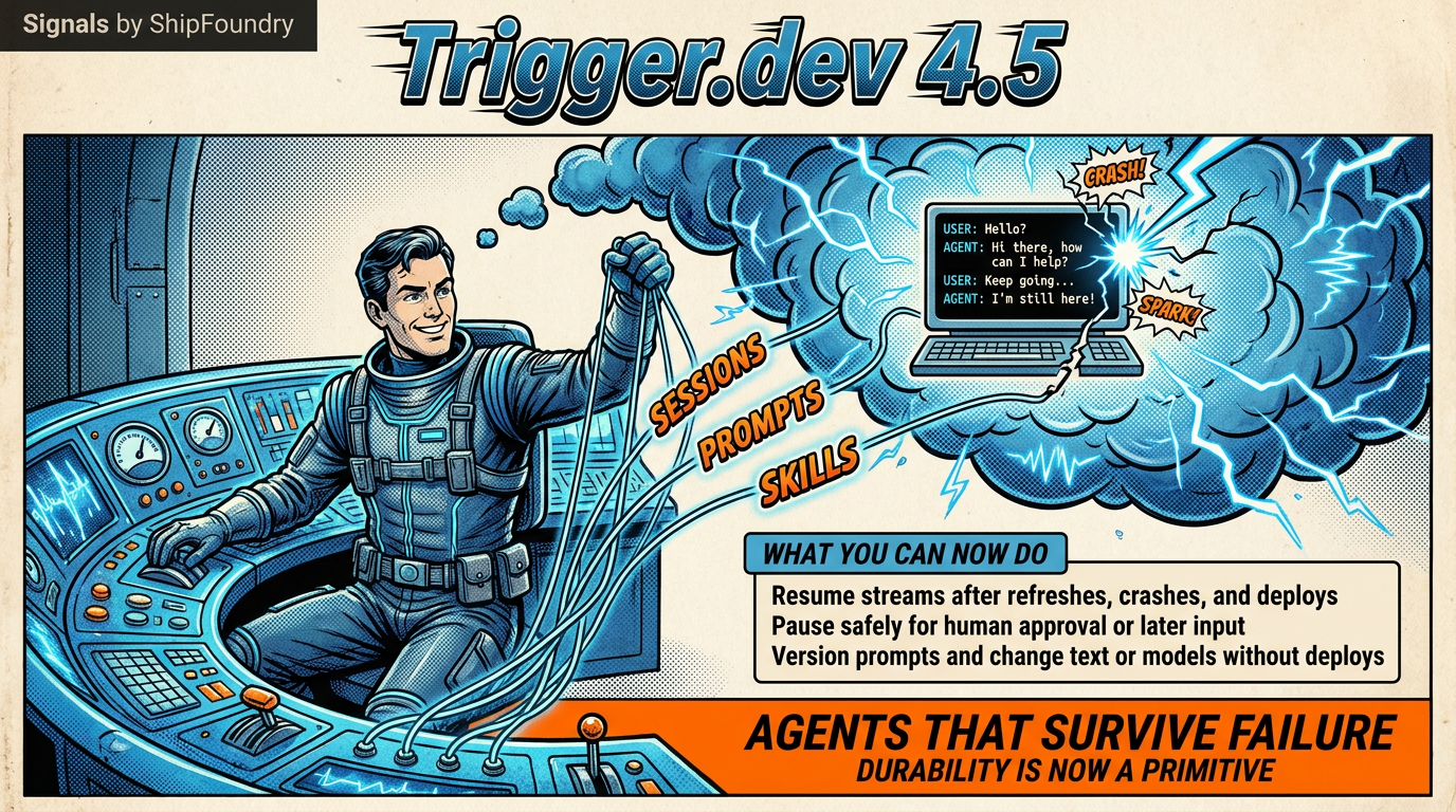 Vintage comic cover. A developer pulls puppet strings labeled SESSIONS, PROMPTS, and SKILLS connected to a durable thought-bubble cloud where a chat survives a spark. Title reads TRIGGER.DEV v4.5.0. Verdict: Puppet Strings for AI.