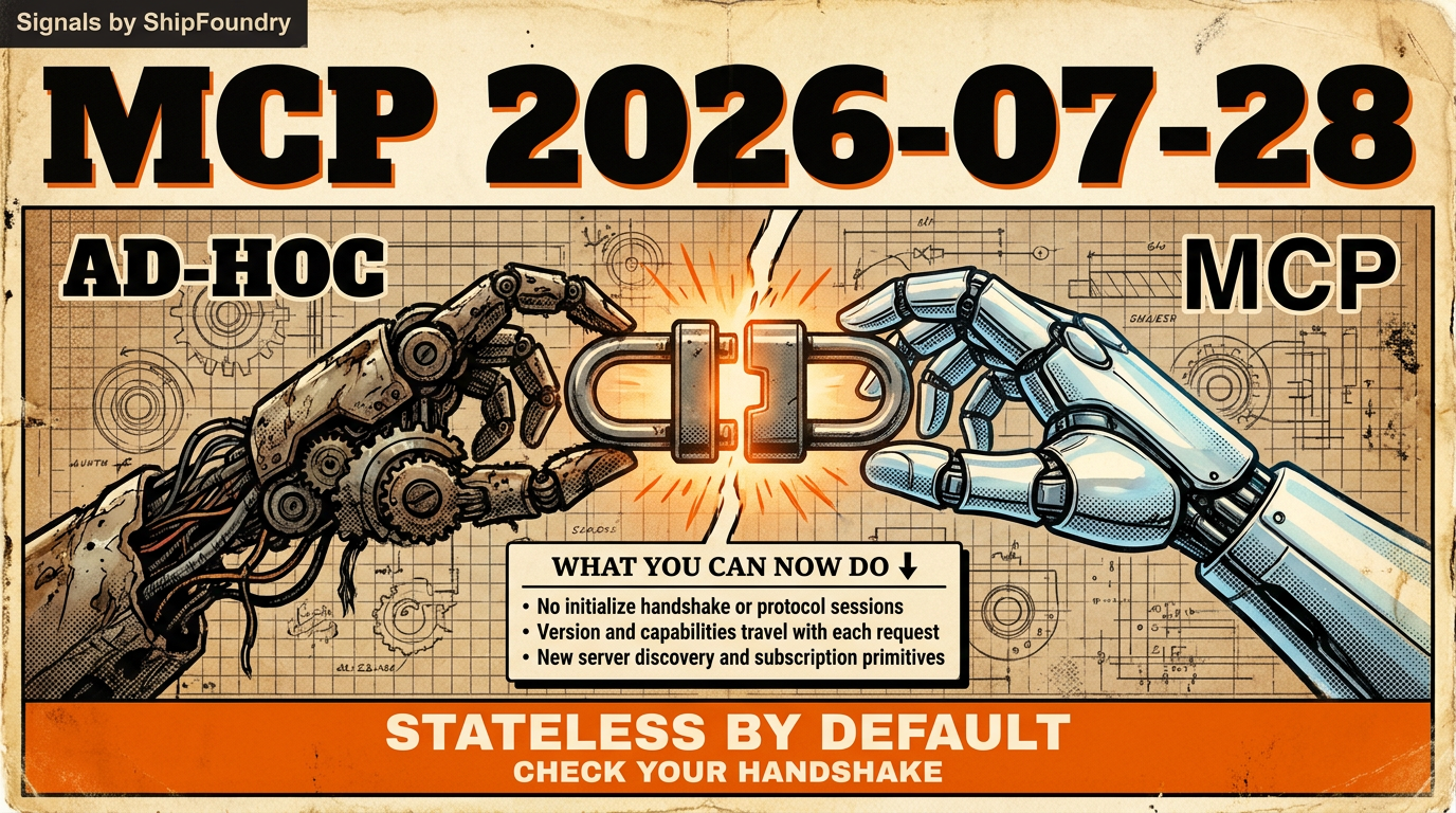 Vintage comic cover: a robotic claw labeled AD-HOC and a sleek cybernetic hand labeled MCP reach toward each other, stopped by a glowing steel bridge lock between them. Blueprint background. Single panel below lists three integration benefits. Orange verdict strip reads 'AGENTS FINALLY SHAKE HANDS, MCP STABLE'.