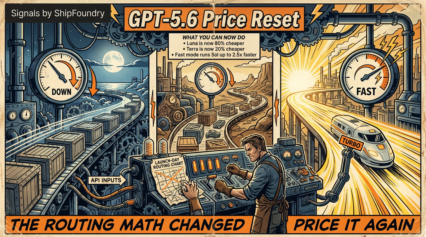 Vintage comic cover showing a developer rebuilding a three-lane model router as the Luna and Terra cost gauges fall and the Sol lane becomes a high-speed express route.