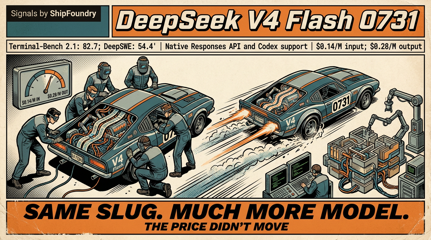 Vintage comic cover showing the same DeepSeek V4 Flash API key opening an unchanged service door while a much more capable industrial coding agent emerges and the cost meter stays fixed.