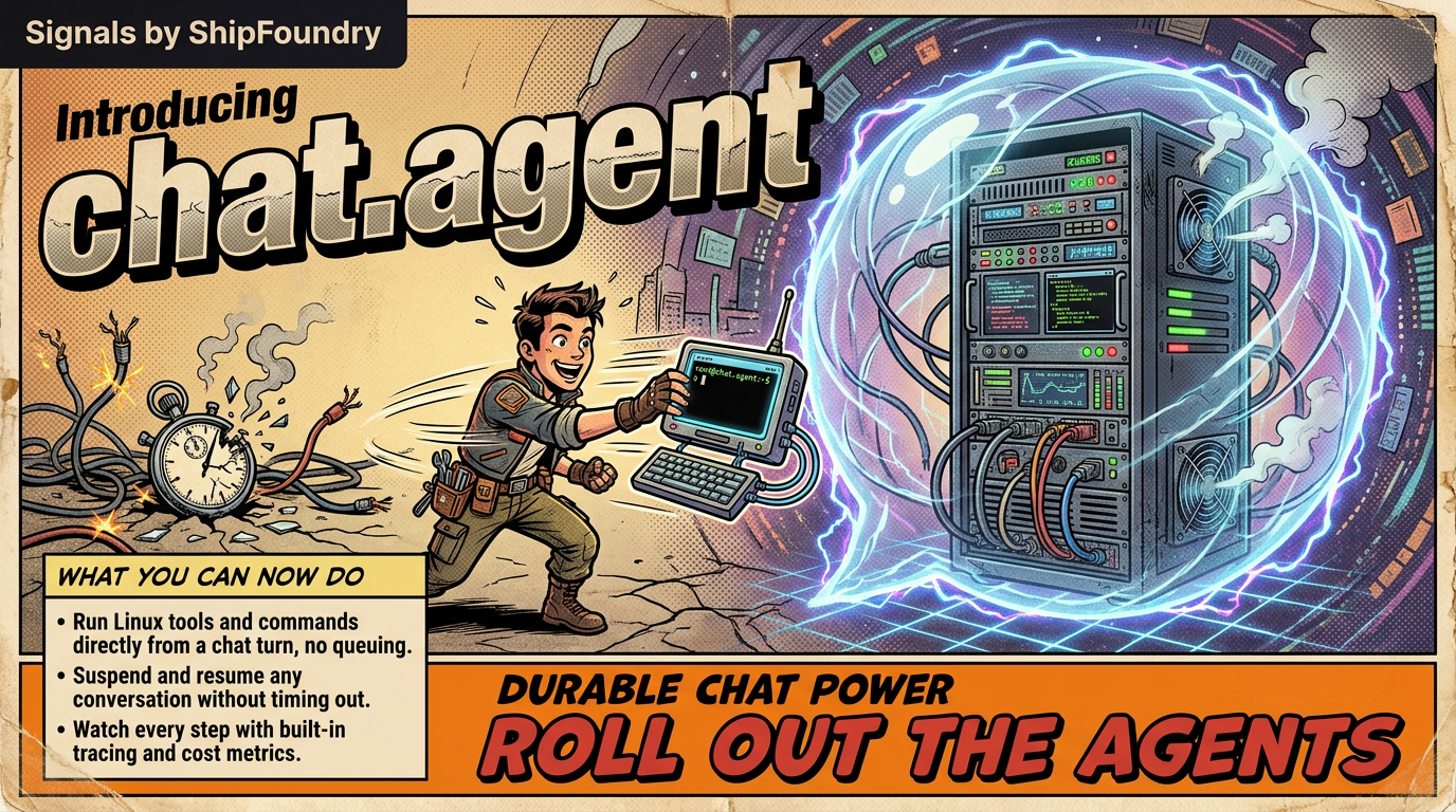 Vintage comic cover: a chat bubble transforms into a Linux server tower, with a developer pulling a ready tool from it; discarded cables and a broken stopwatch below; title chat.agent with a WHAT YOU CAN NOW DO panel and orange verdict strip reading ROLL OUT THE AGENTS.