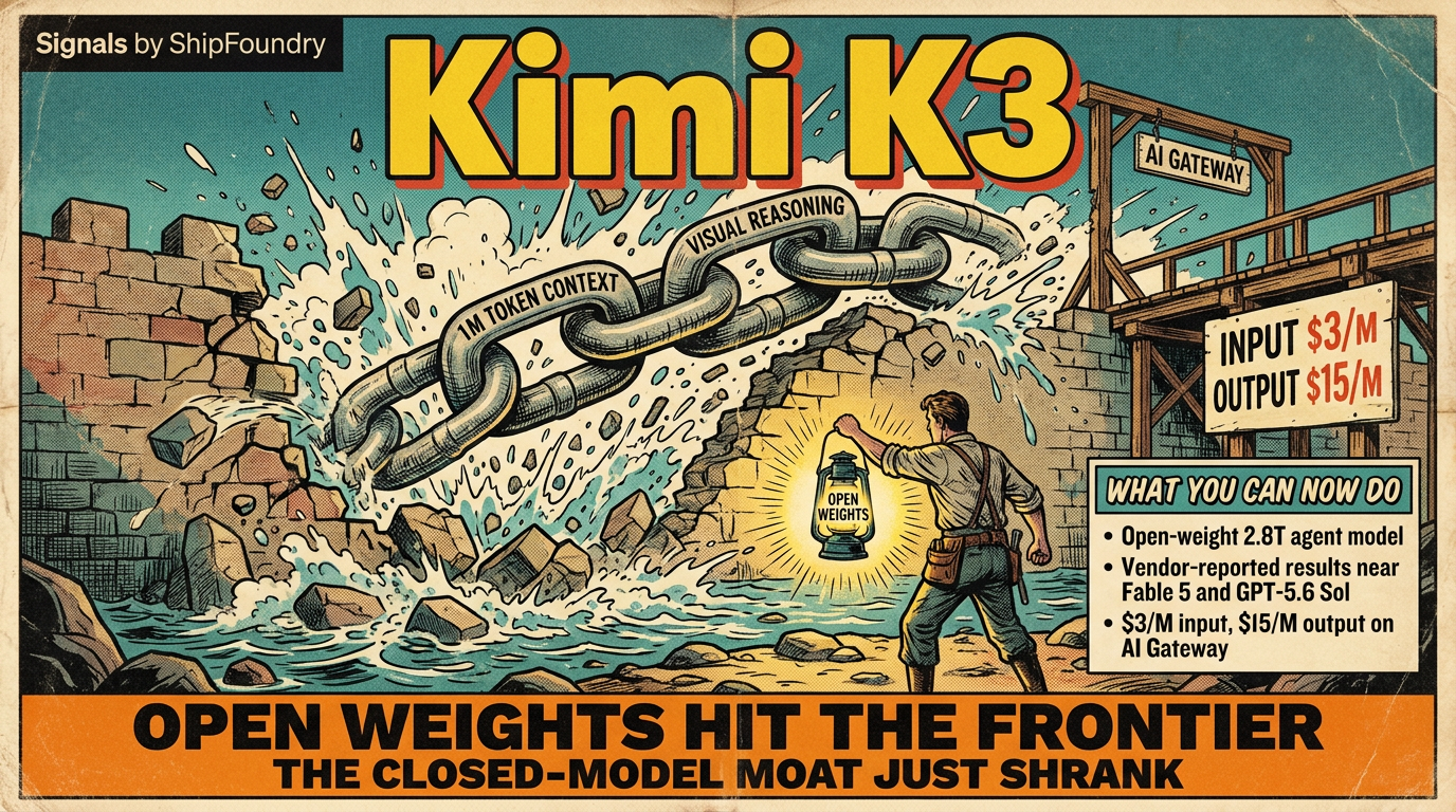 Comic cover showing a chain labeled '1M TOKEN CONTEXT' breaking a moat wall, a toll bridge to 'AI GATEWAY' with '$3/M input, $15/M output', and a developer holding an 'OPEN WEIGHTS' lantern. Title 'Kimi K3' and verdicts as specified.