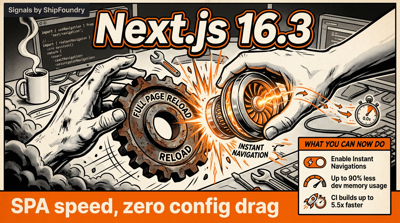 Comic cover showing hands swapping a rusty gear labeled 'FULL PAGE RELOAD' for a glowing turbine labeled 'INSTANT NAVIGATION', with a panel listing the three benefits and an orange verdict strip.