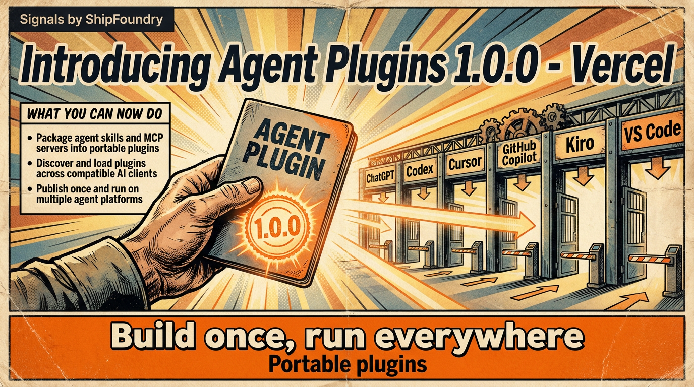 Comic cover showing a developer inserting a plugin box into a multi-port hub labeled with various AI clients, with title 'Agent Plugins 1.0.0' and bottom strip 'Build once run everywhere'.