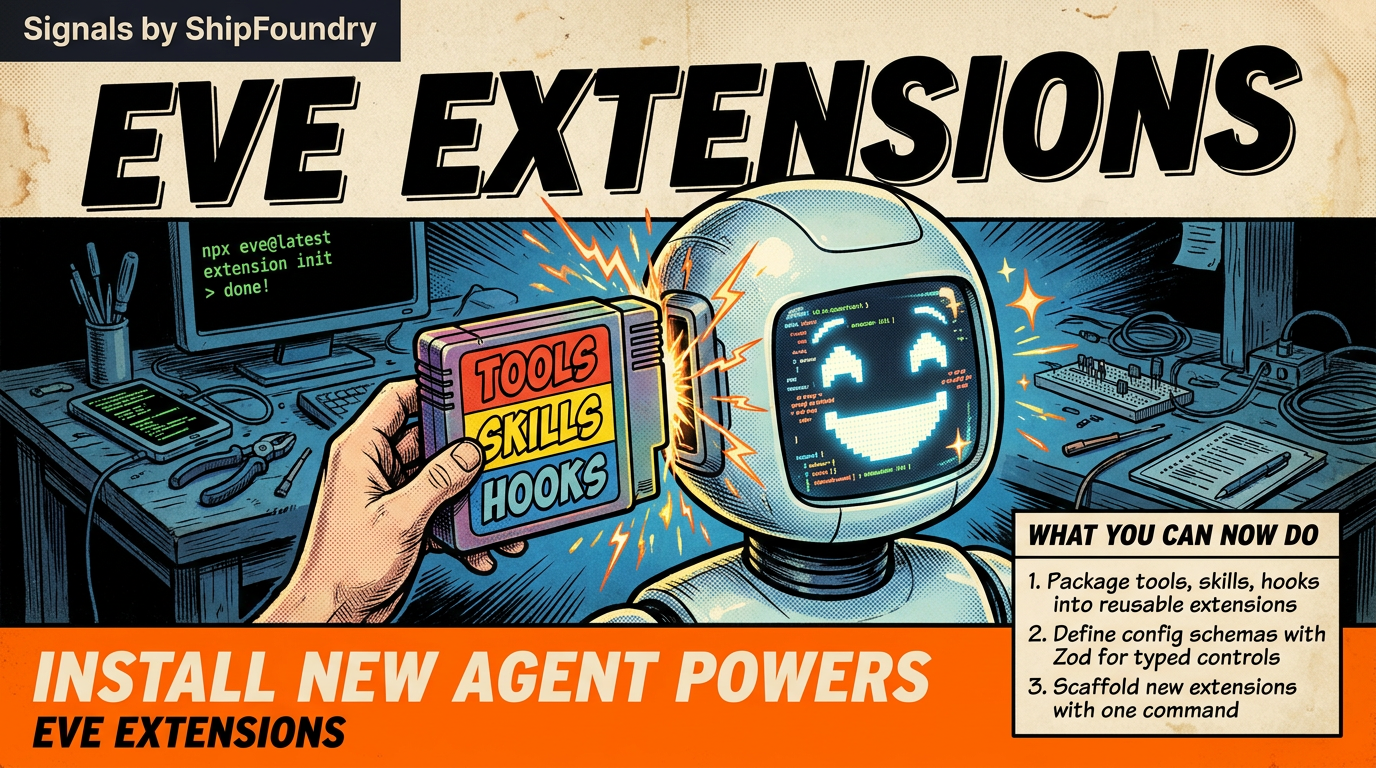 Comic cover showing a developer installing a modular 'eve extension' cartridge into a smiling AI agent's head, with tools and terminal on a workshop table, and a 'WHAT YOU CAN NOW DO' panel listing three capabilities.