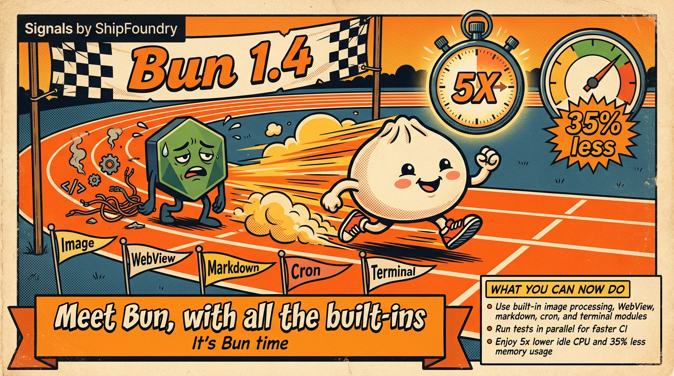 A Bun bao character confidently steps off a sprinter's starting block onto a sleek racetrack shaped like an arrow pointing forward, overtaking a slower runner labeled 'Node.js' while a finish-line banner reads 'Bun 1.4'. In the foreground, a stopwatch reads 5X, a memory gauge reads 35% less, and a row of tiny flags labeled 'Image', 'WebView', 'Markdown', 'Cron', 'Terminal' flutter in the wind.