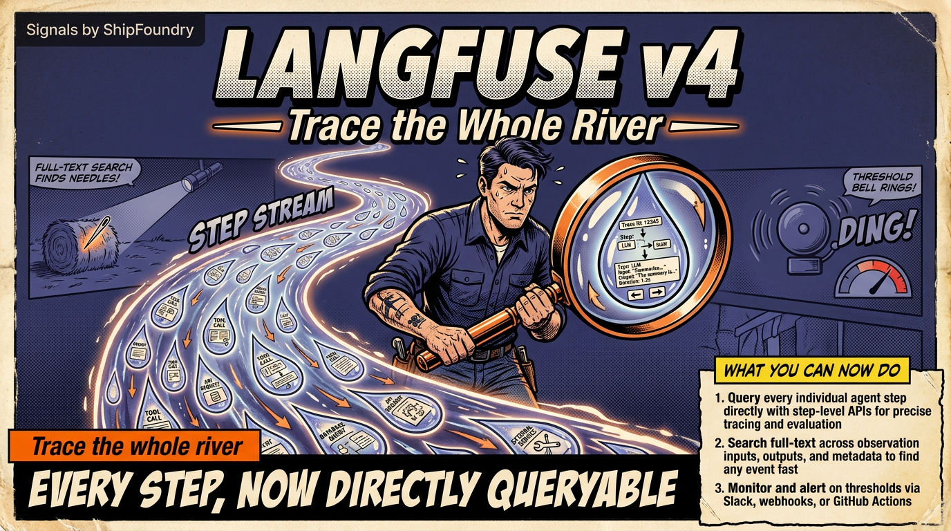 Comic cover of Langfuse v4 showing a developer using a magnifying glass to inspect and search individual steps in a glowing trace river, with a bottom verdict strip and a compact list of capabilities.